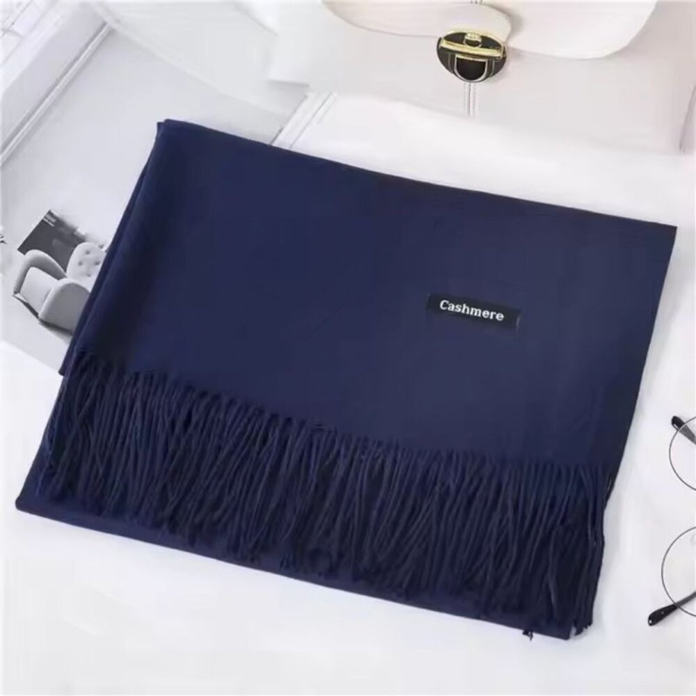 Luxurious Navy-Blue Cashmere Scarf 74" With Fringed Edges - Picture 8 of 8